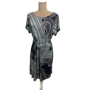 NEW RENEEC. women’s paisley print short sleeve belted dress in navy blue
